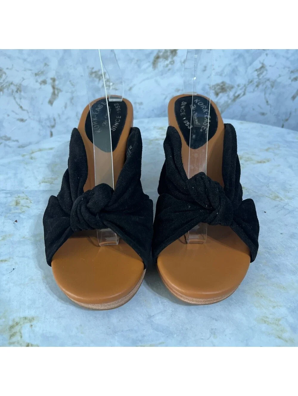 Kork-Ease Haya Women's Size 8M Shoes Black Brown Suede Cross Strap Comfort Heels